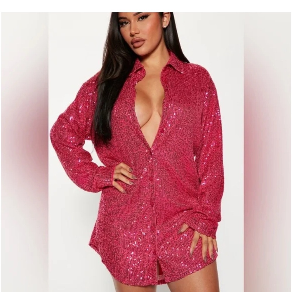 Pink Sequin Button-Up Shirt Dress